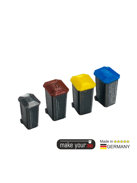 H0 Mülltonnen 1:87 SET 4Stk. in 4 Farben Blau Gelb Schwarz Braun