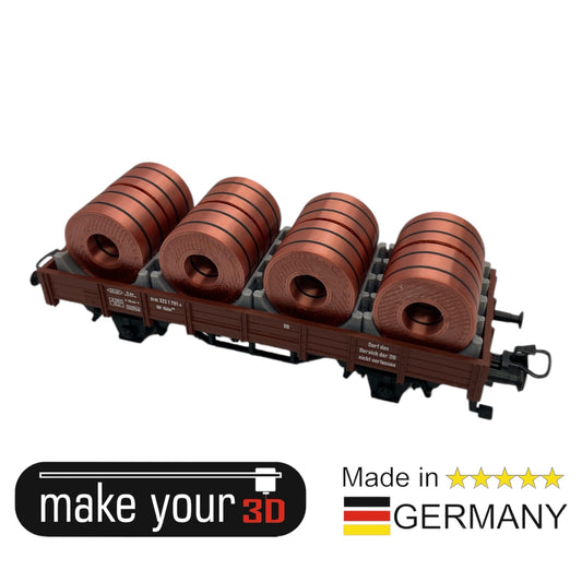 H0 1:87 Ladegut 2 Stk. Kupfer Coils Set mit Halter für Flachwagen
