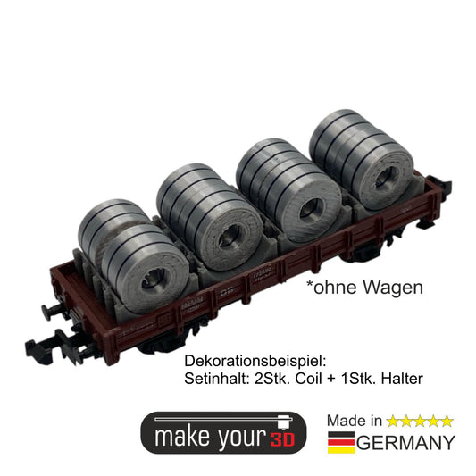 N 1:160 Ladegut 2 Stk. Stahl Coils Set mit Halter für Flachwagen
