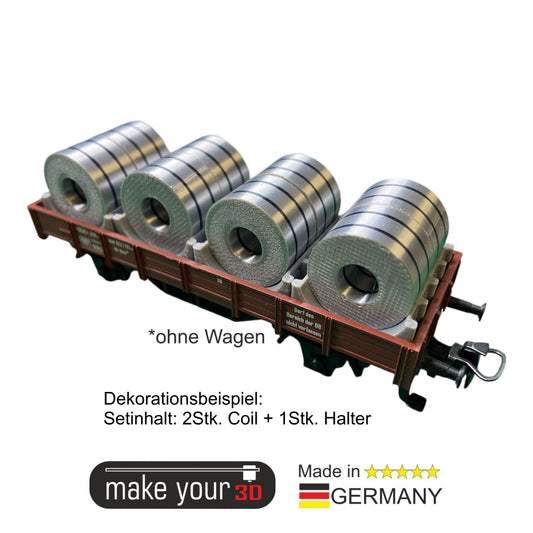H0 1:87 Ladegut 2 Stk. Stahl Coils Set mit Halter für Flachwagen